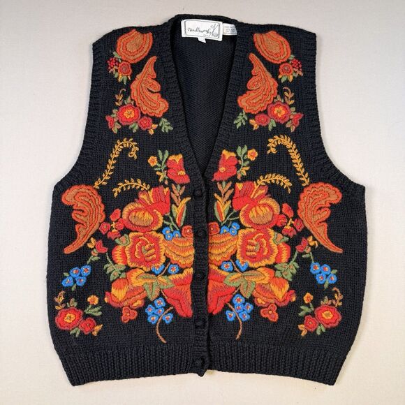 VTG Needleworks Hand Knit Wool Grannycore Embroidered Floral Sweater Vest Large - Picture 1 of 5